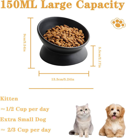 Elevated Cat Food Bowl, Ceramic Raised and Tilted Pet Water Bowl, anti Vomiting Cat Feeding Bowls - Stress Free Shallow Cat Bowl, Stress Free for Cats and Small Dogs,150Ml/5Oz (Black, 1 Pack)