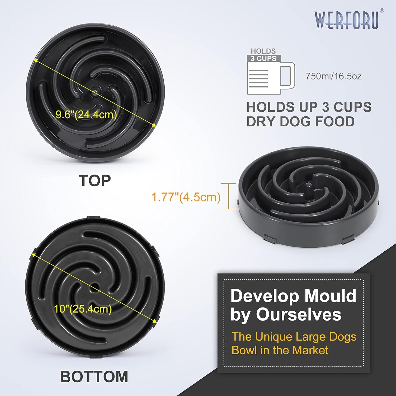 Large Pet Slow Feeder Dog Bowl, Slow Eating Dog Bowl Fun Puzzle Feeding Bowl Non Skid Bloat Stop Dog Food Bowl Interactive Maze Bowl Dark Gray