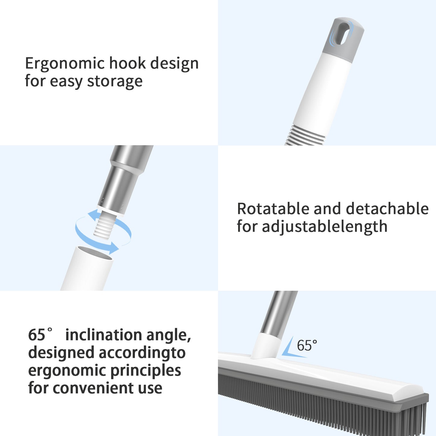 Rubber Cleaning Broom W/ Squeegee Long Handle Carpet Rake for Pet Hair Removal