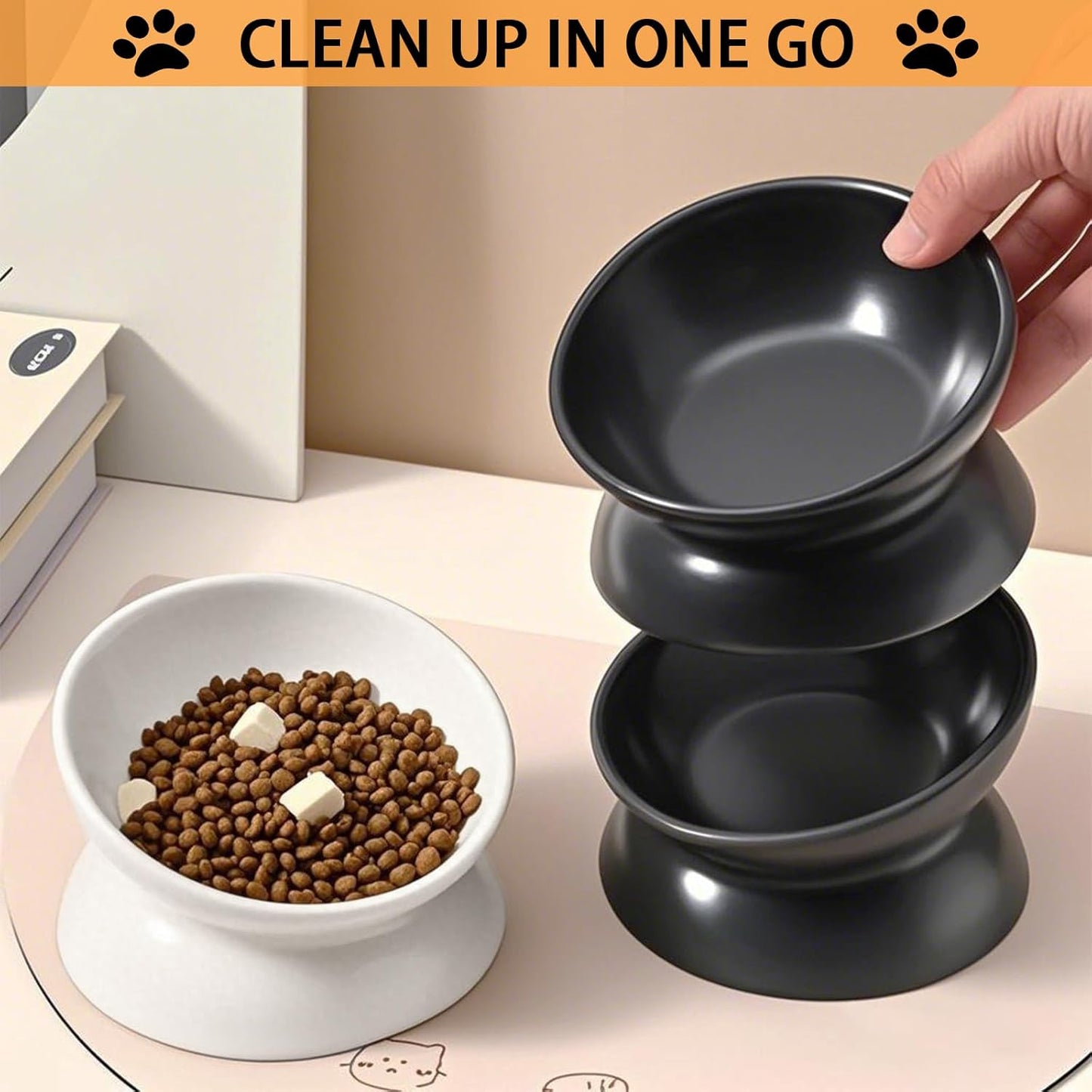 Elevated Cat Food Bowl, Ceramic Raised and Tilted Pet Water Bowl, anti Vomiting Cat Feeding Bowls - Stress Free Shallow Cat Bowl, Stress Free for Cats and Small Dogs,150Ml/5Oz (Black, 1 Pack)
