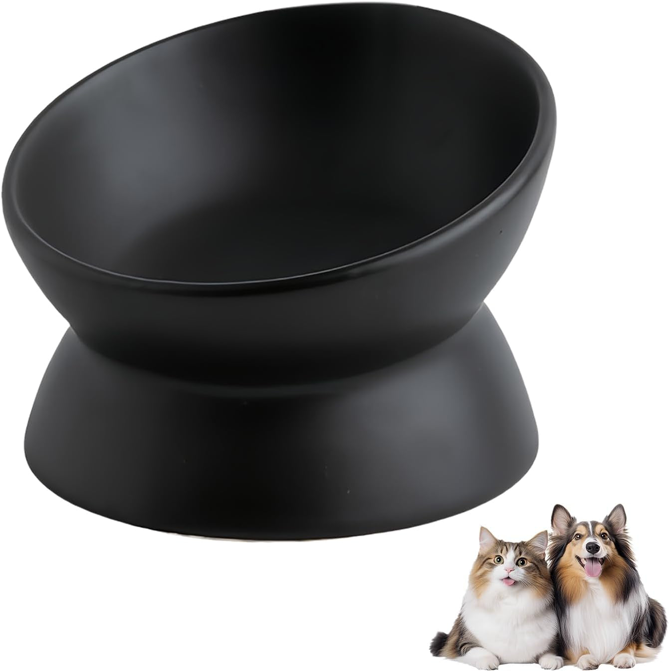 Elevated Cat Food Bowl, Ceramic Raised and Tilted Pet Water Bowl, anti Vomiting Cat Feeding Bowls - Stress Free Shallow Cat Bowl, Stress Free for Cats and Small Dogs,150Ml/5Oz (Black, 1 Pack)