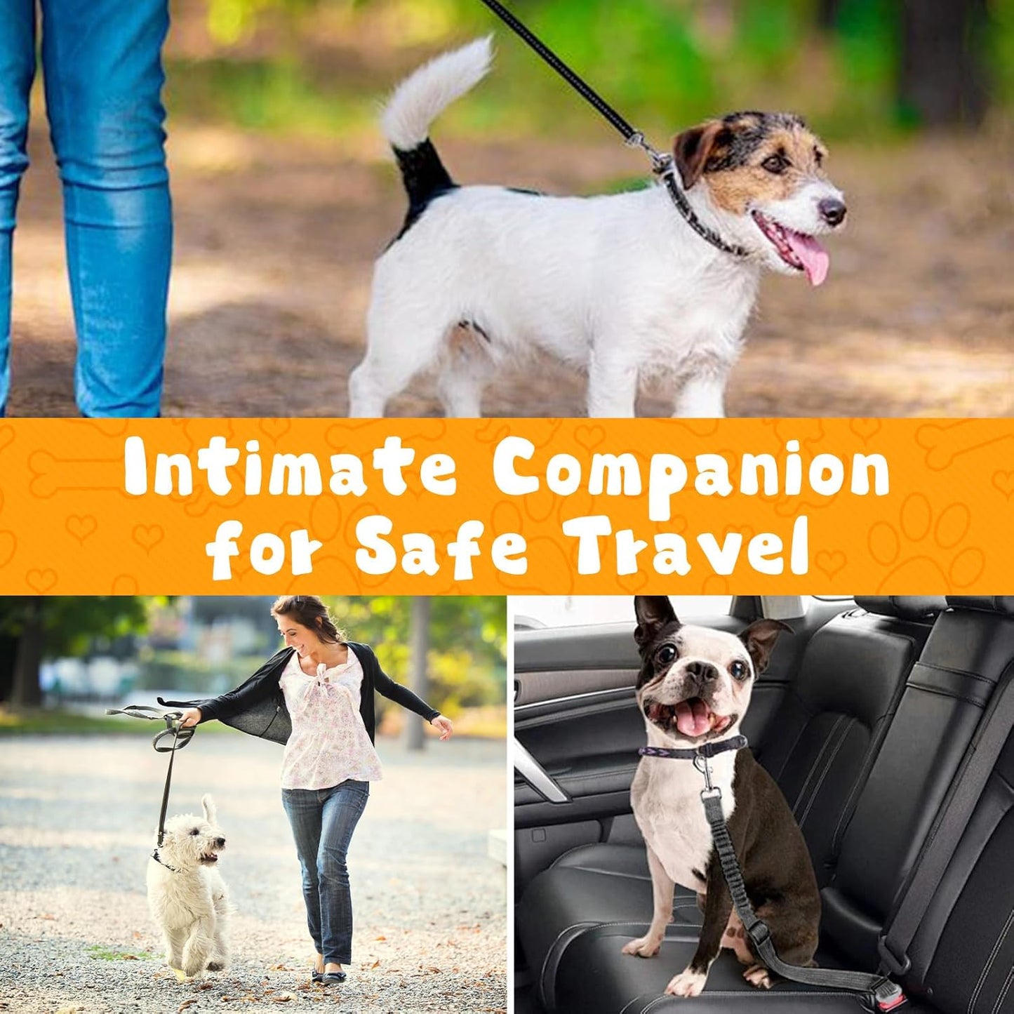 Removable Dog Seat Belt Harness for Car, 2 Pack Dog Car Seatbelt Leash, Retractable Restraint Secures to Vehicle Headrest & Adjustable Reflective Bungee Dog Seatbelt Tether with Poop Bag Holder