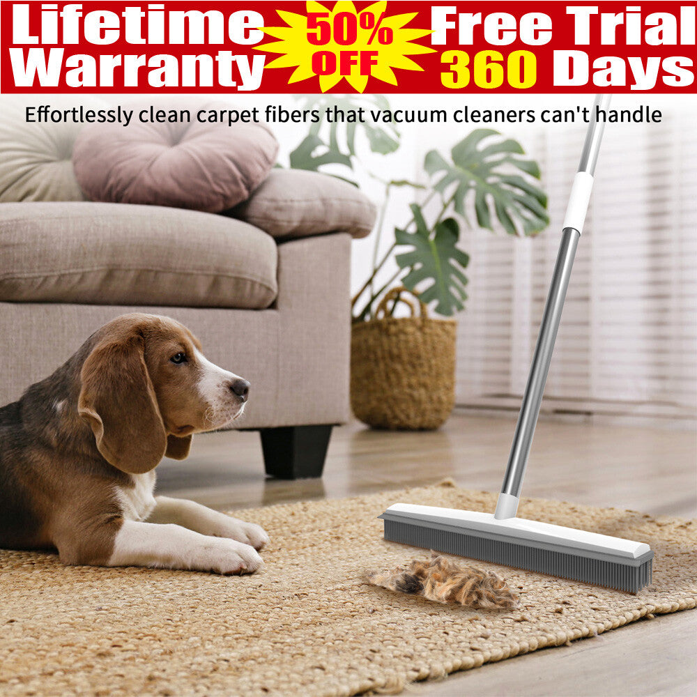 Rubber Cleaning Broom W/ Squeegee Long Handle Carpet Rake for Pet Hair Removal