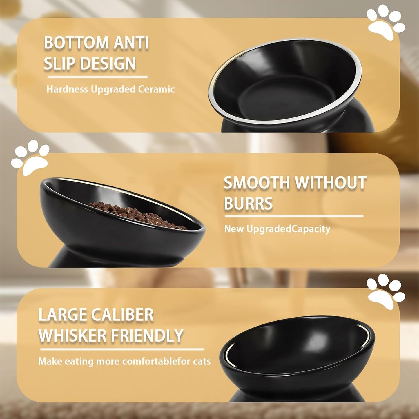 Elevated Cat Food Bowl, Ceramic Raised and Tilted Pet Water Bowl, anti Vomiting Cat Feeding Bowls - Stress Free Shallow Cat Bowl, Stress Free for Cats and Small Dogs,150Ml/5Oz (Black, 1 Pack)