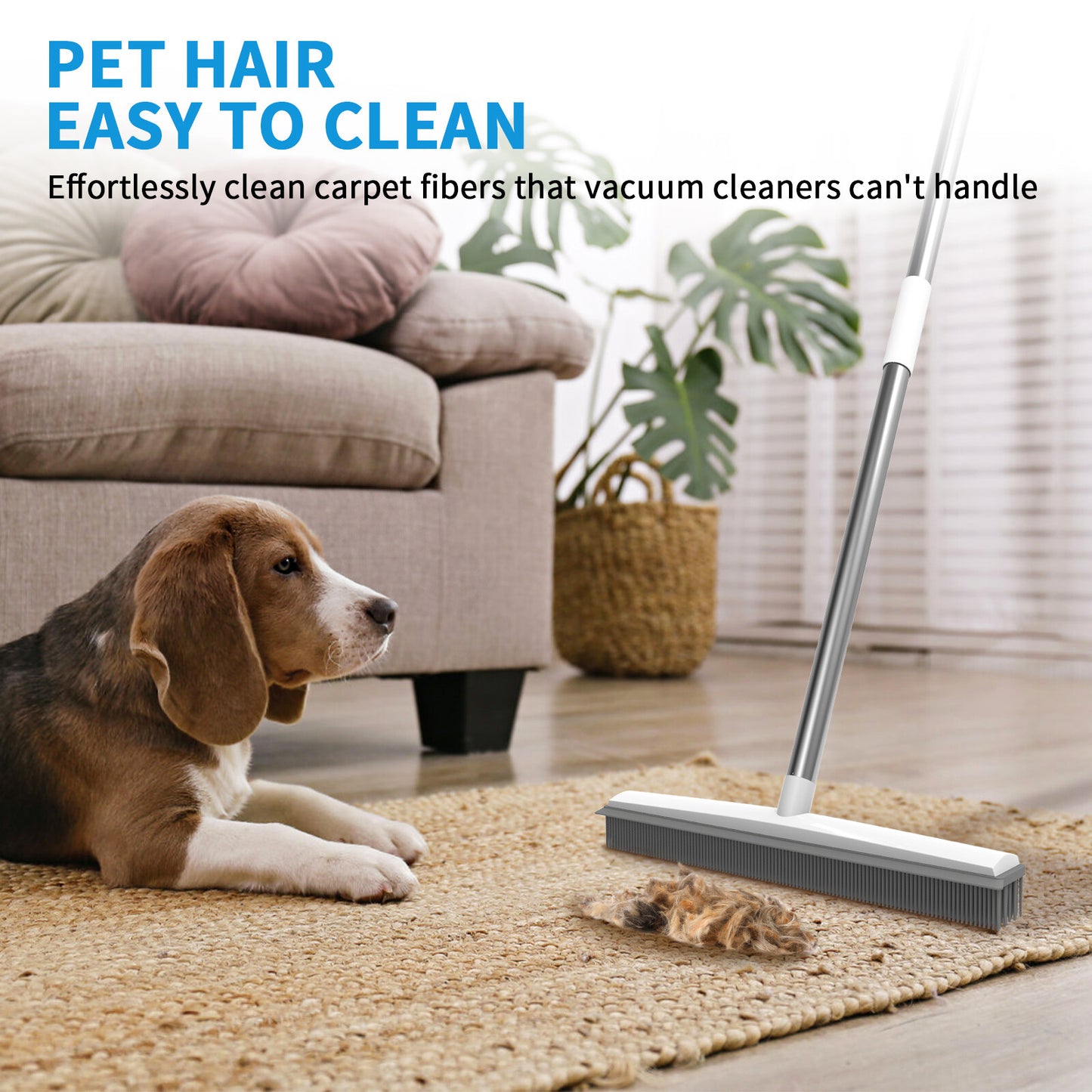 Rubber Cleaning Broom W/ Squeegee Long Handle Carpet Rake for Pet Hair Removal