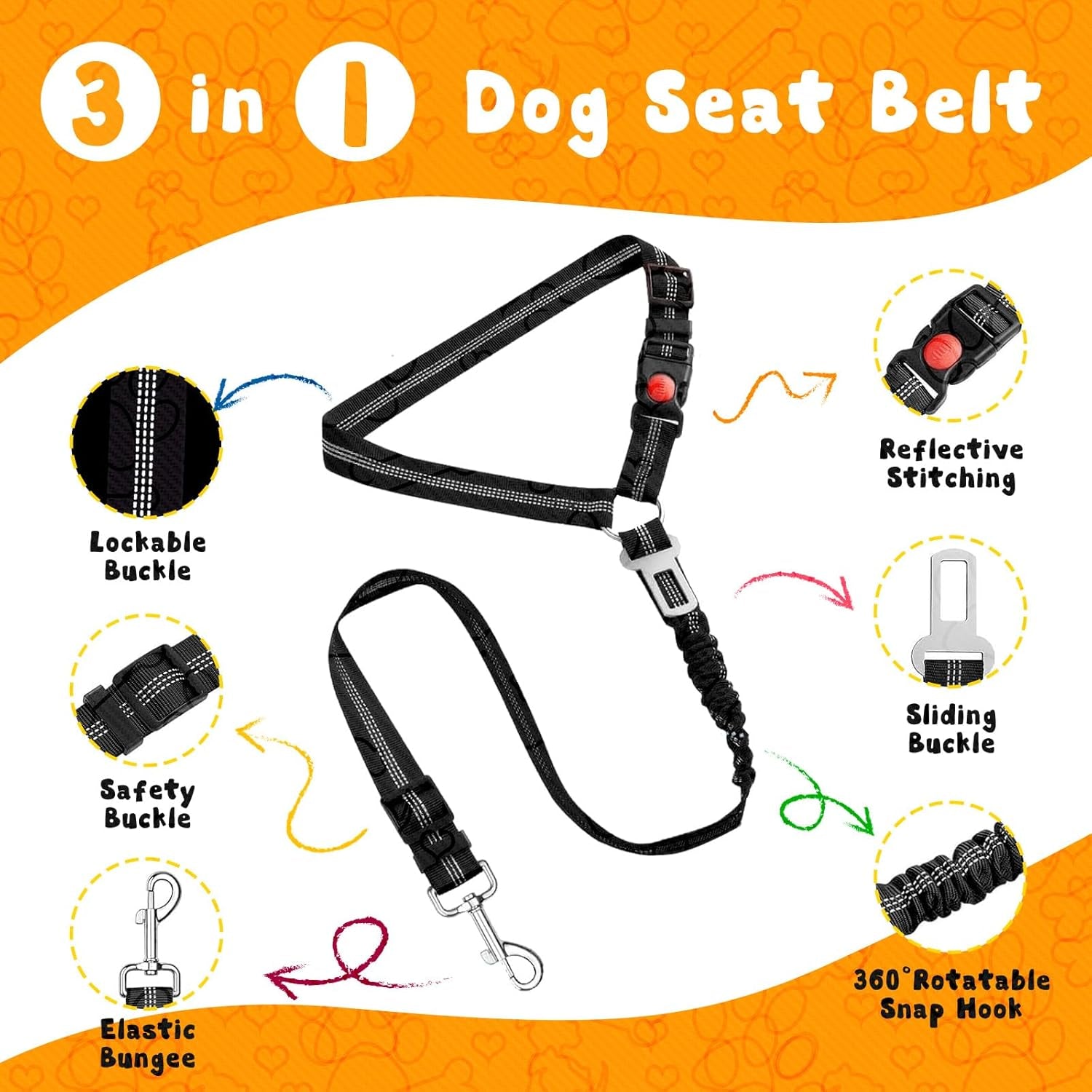 Removable Dog Seat Belt Harness for Car, 2 Pack Dog Car Seatbelt Leash, Retractable Restraint Secures to Vehicle Headrest & Adjustable Reflective Bungee Dog Seatbelt Tether with Poop Bag Holder