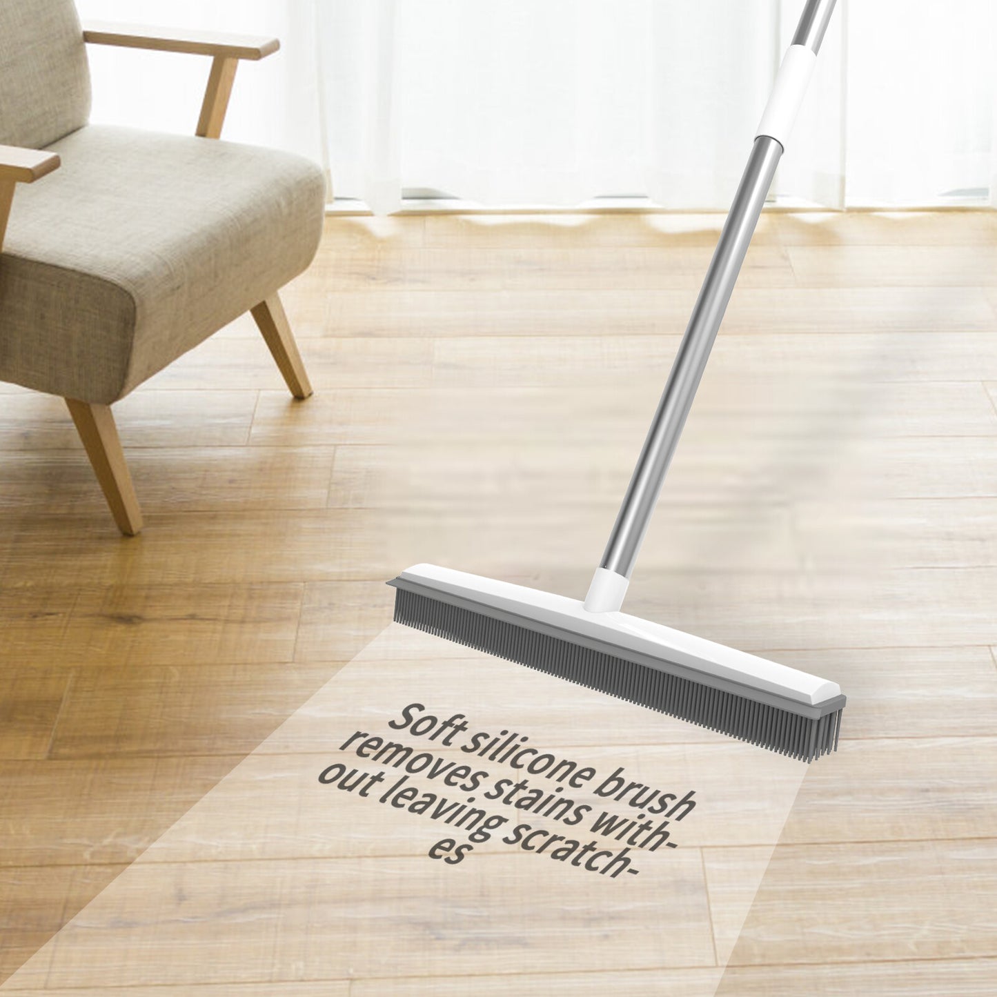 Rubber Cleaning Broom W/ Squeegee Long Handle Carpet Rake for Pet Hair Removal