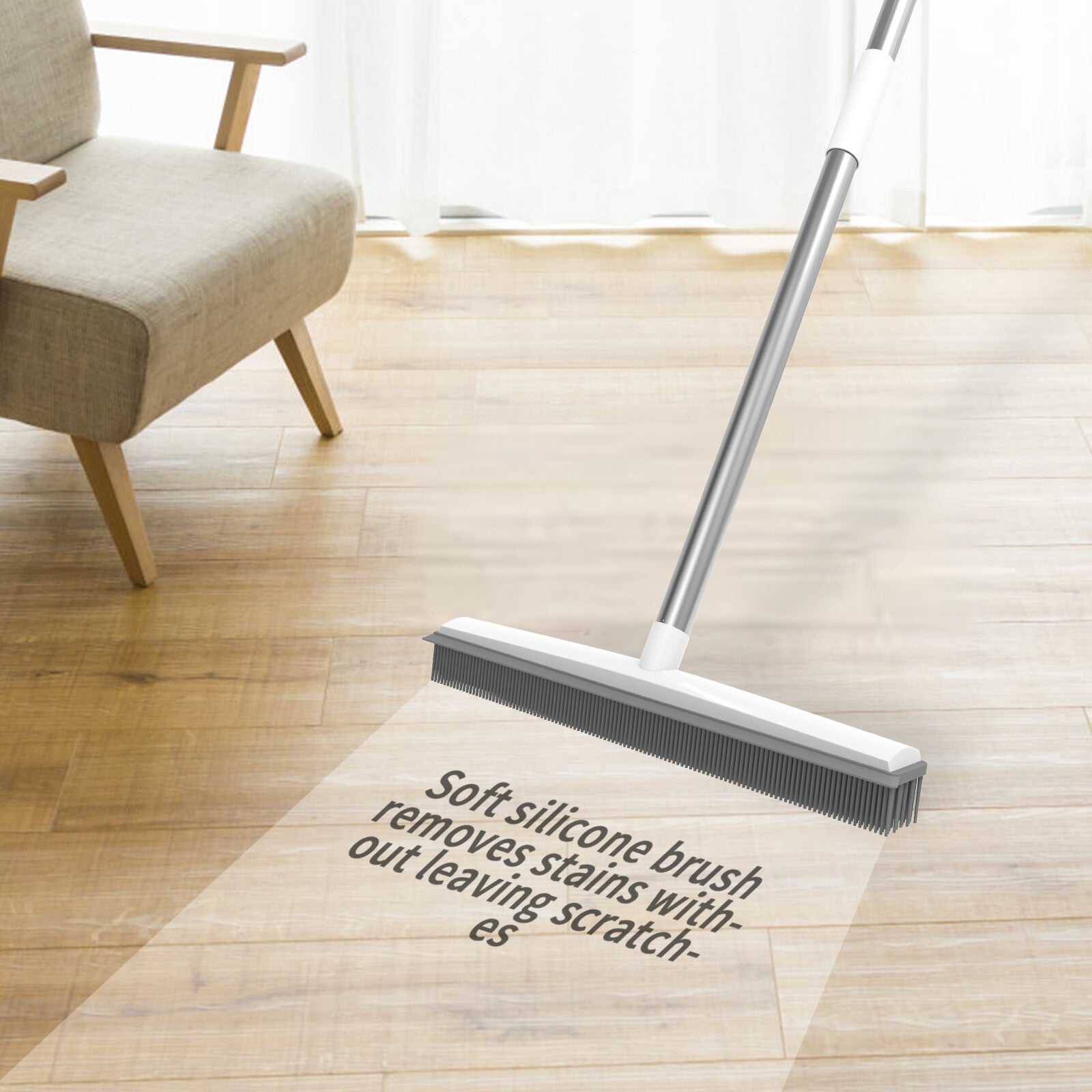 Rubber Cleaning Broom W/ Squeegee Long Handle Carpet Rake for Pet Hair Removal