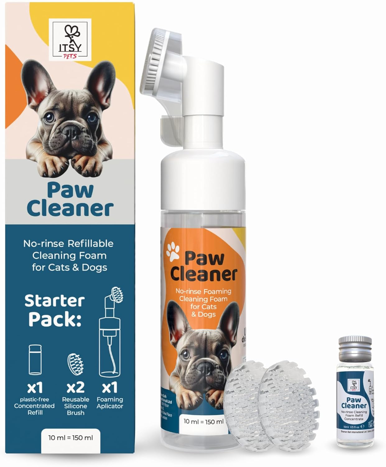 Refillable Paw Cleaner for Dogs & Cats - No Rinse Foam with Reusable Bottle, 2 Silicone Brush Heads & Concentrate Refill - Paw Wash for All Breeds (Starter Pack)
