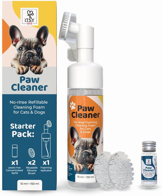 Refillable Paw Cleaner for Dogs & Cats - No Rinse Foam with Reusable Bottle, 2 Silicone Brush Heads & Concentrate Refill - Paw Wash for All Breeds (Starter Pack)