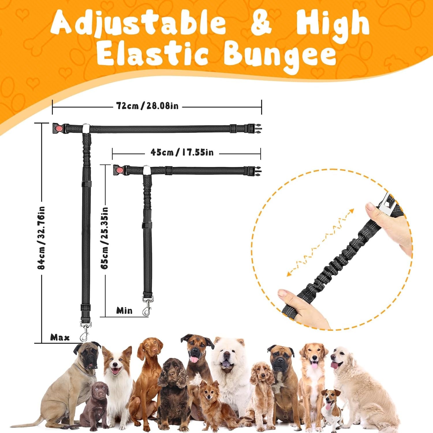Removable Dog Seat Belt Harness for Car, 2 Pack Dog Car Seatbelt Leash, Retractable Restraint Secures to Vehicle Headrest & Adjustable Reflective Bungee Dog Seatbelt Tether with Poop Bag Holder