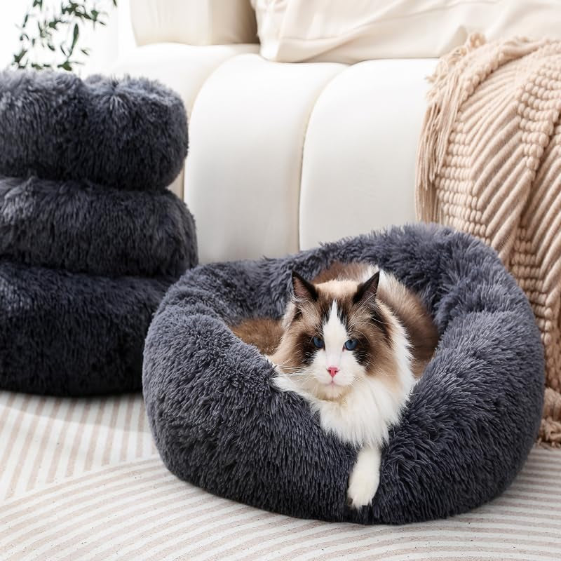Plush Donut Dog Bed Cat Bed Fluffy Calming Pet Bed Dog round Bed Cat round Bed Warm Kitten Nest Ideal for Small 3KG Pet