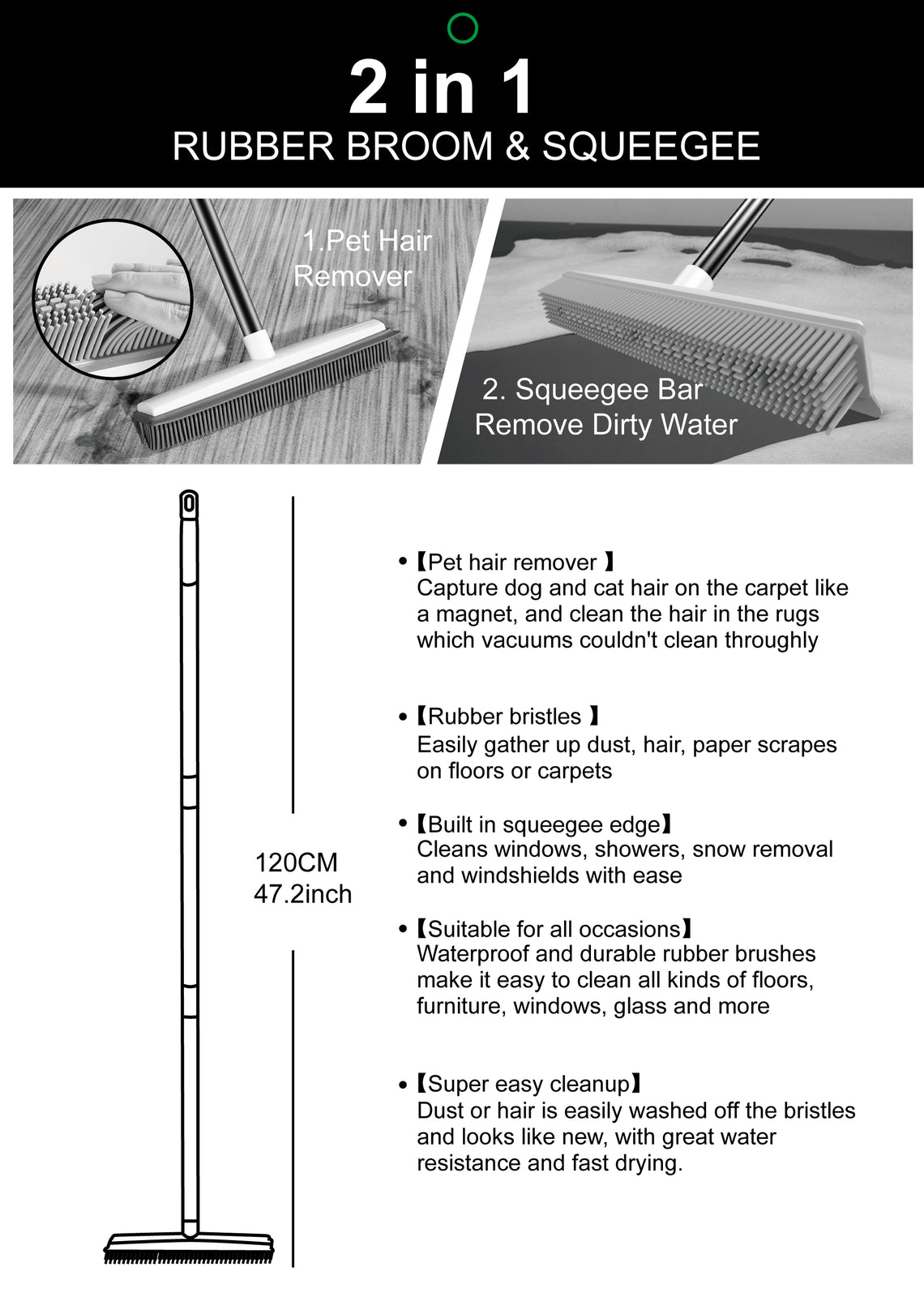 Rubber Cleaning Broom W/ Squeegee Long Handle Carpet Rake for Pet Hair Removal