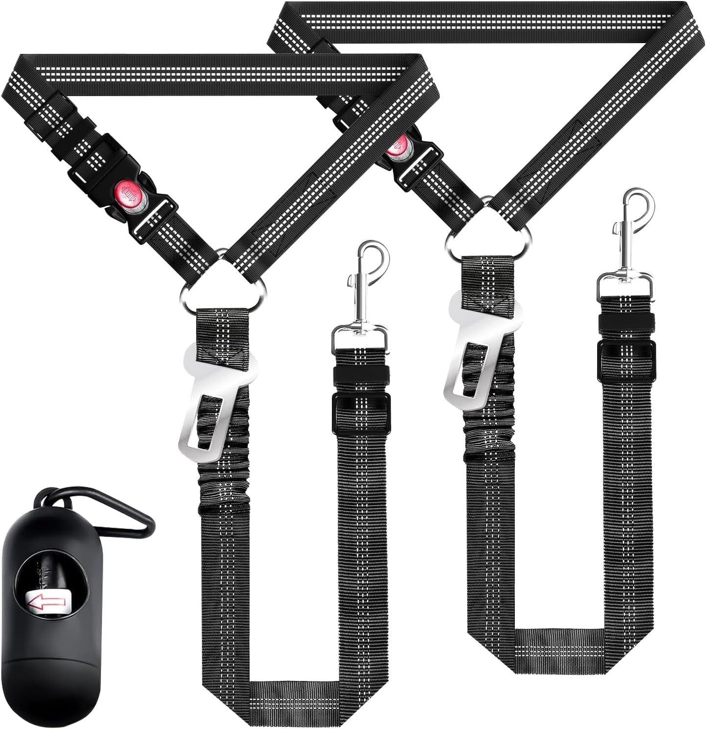 Removable Dog Seat Belt Harness for Car, 2 Pack Dog Car Seatbelt Leash, Retractable Restraint Secures to Vehicle Headrest & Adjustable Reflective Bungee Dog Seatbelt Tether with Poop Bag Holder