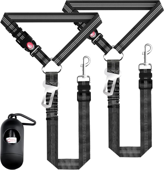 Removable Dog Seat Belt Harness for Car, 2 Pack Dog Car Seatbelt Leash, Retractable Restraint Secures to Vehicle Headrest & Adjustable Reflective Bungee Dog Seatbelt Tether with Poop Bag Holder